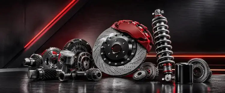 FocusGlobal hero banner - Aftermarket auto spare parts including gears, brake discs, bearings and engine components on dark background
